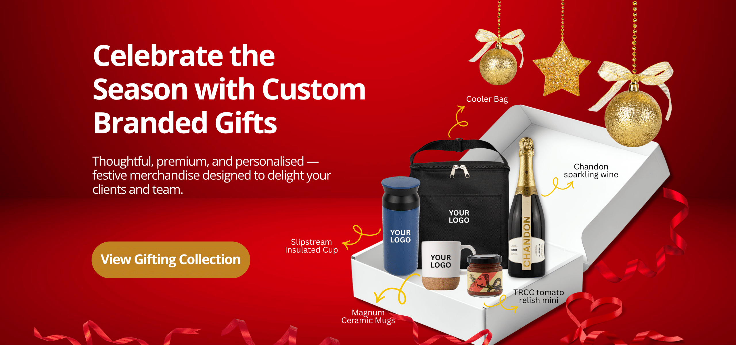 Christmas-themed branded gift box with Chandon sparkling wine, cooler bag, insulated cup, ceramic mug, and tomato relish, set against a red background with festive ornaments—promoting best branded merchandise for holiday corporate gifting.