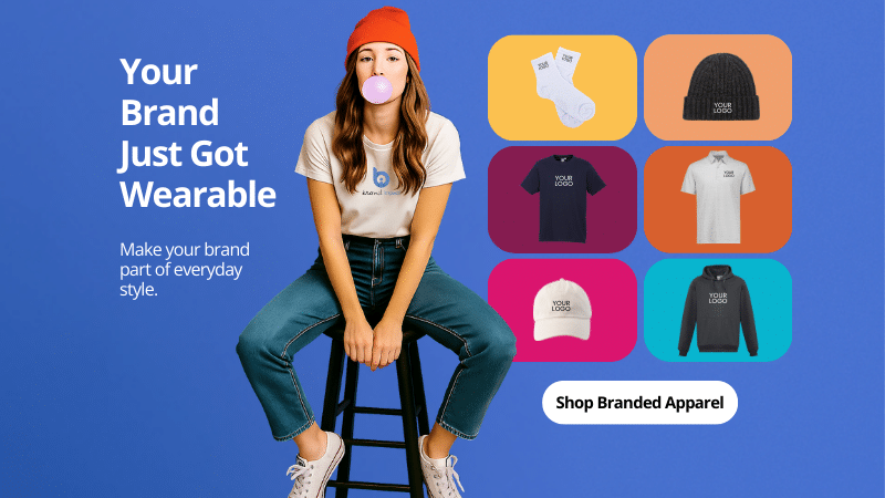 Promotional apparel grid featuring best branded merchandise including branded socks, beanie, navy t-shirt, white polo shirt, white cap, and black hoodie, beside a young woman in logo t-shirt blowing bubble gum on blue backdrop.