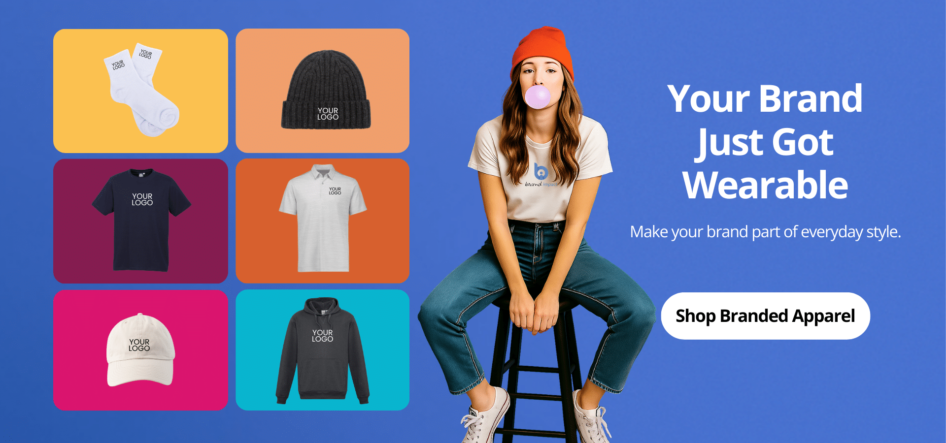Promotional apparel grid featuring best branded merchandise including branded socks, beanie, navy t-shirt, white polo shirt, white cap, and black hoodie, beside a young woman in logo t-shirt blowing bubble gum on blue backdrop.