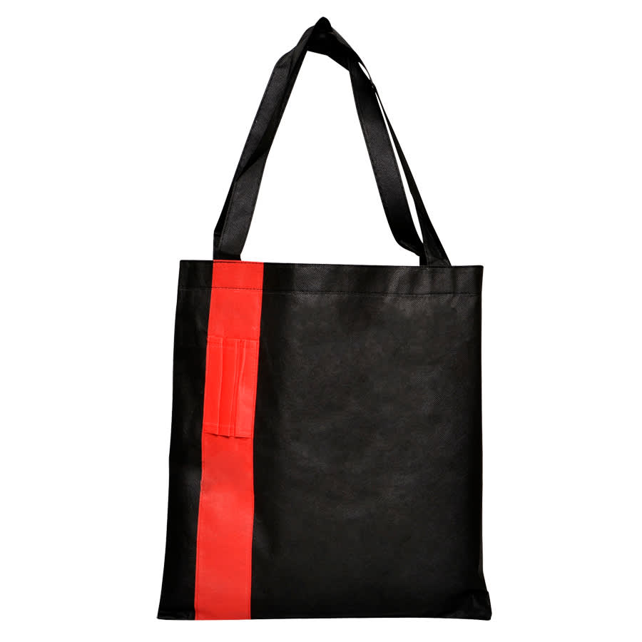 A black tote bag with an orange stripe and a pocket. Features sturdy handles and a simple design.