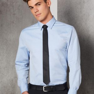 A light blue men's button-up shirt with long sleeves, featuring a collar and a black tie. The model is standing against a neutral background.