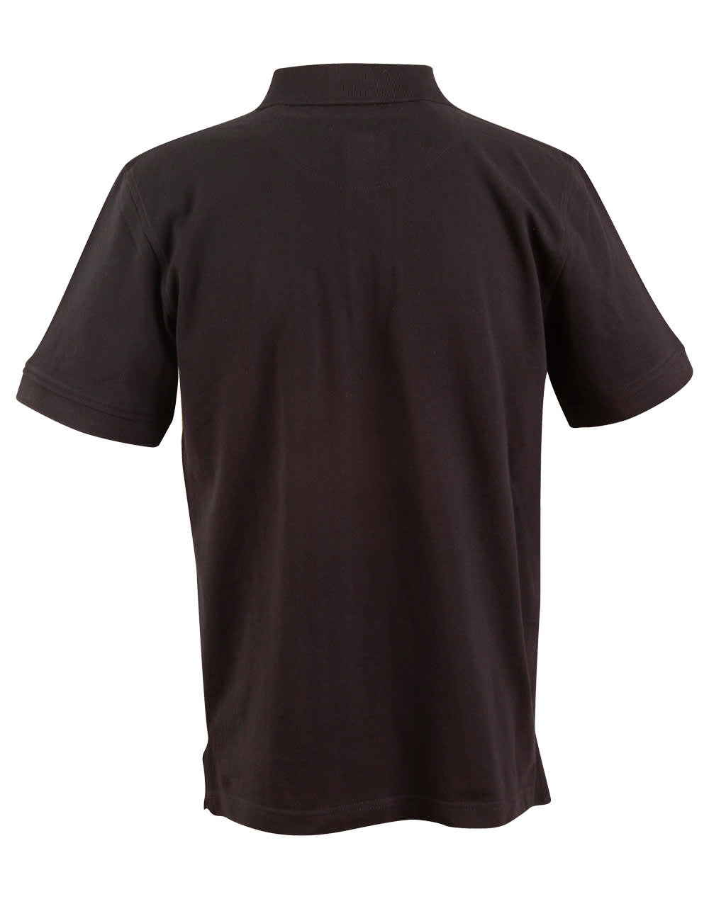 A black men's polo shirt with a classic collar and short sleeves, featuring a logo on the back.