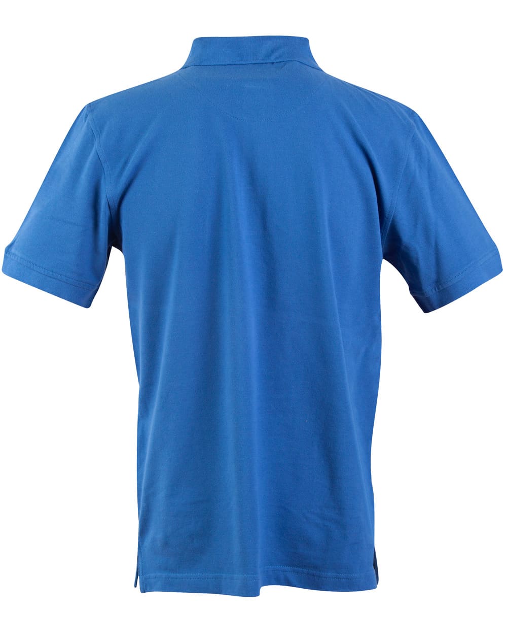 A blue men's polo shirt with a collar and short sleeves, featuring a logo on the back.