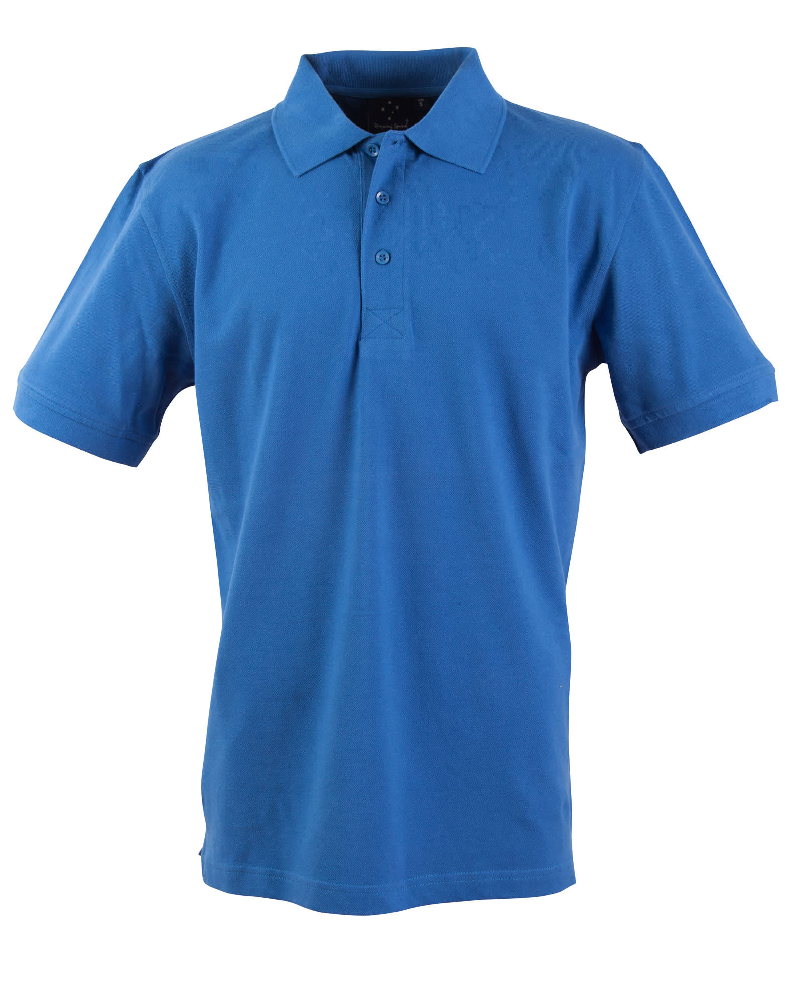 A blue Men's Longbeach Polo with a classic collar and short sleeves, featuring a logo.