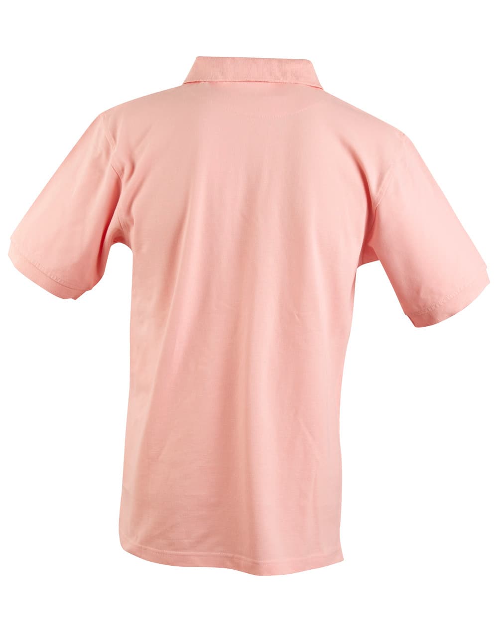 A pink men's polo shirt featuring short sleeves and a classic collar, with a branding logo on the back.