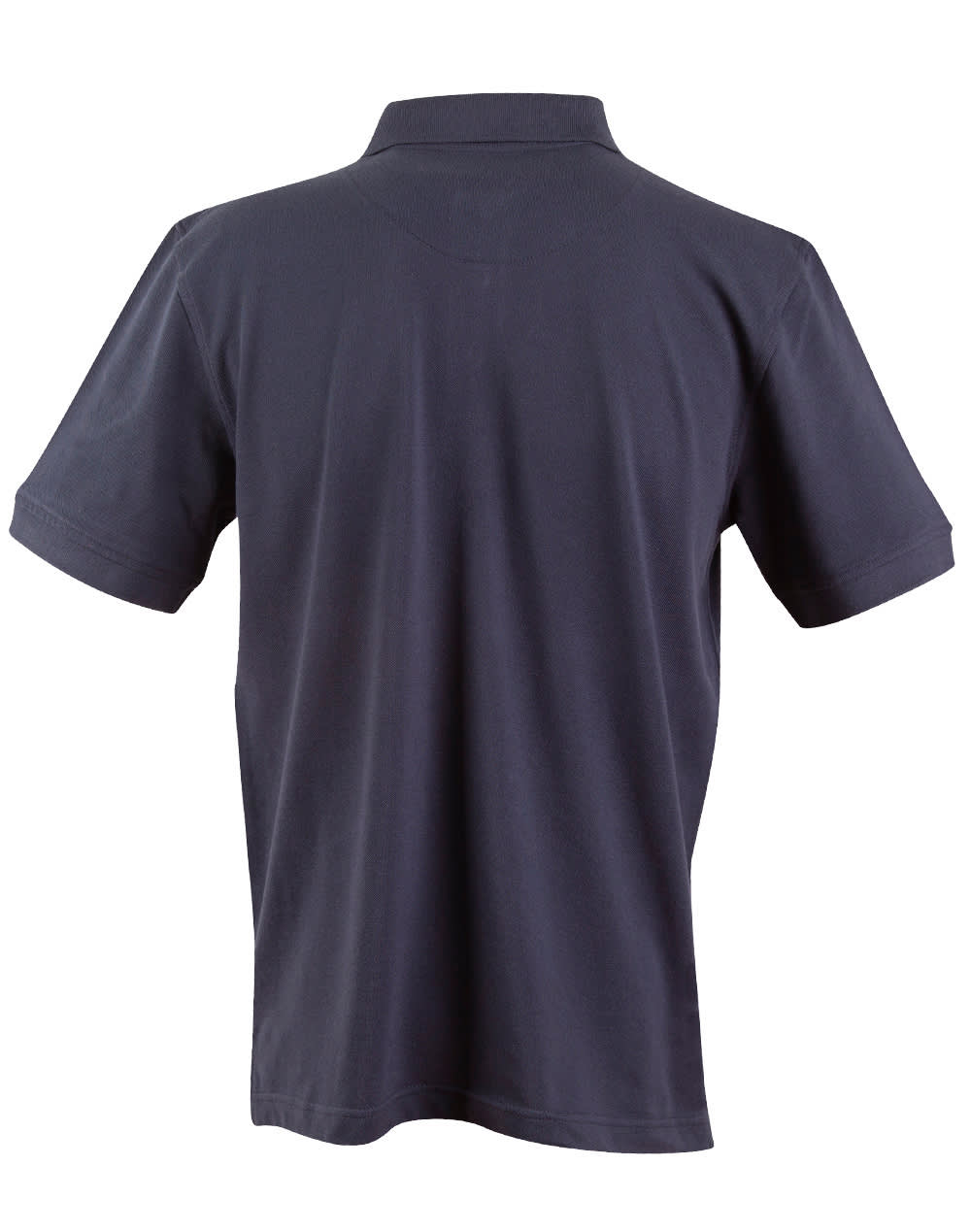 A navy blue men's polo shirt with a classic collar and short sleeves, featuring a logo on the back.