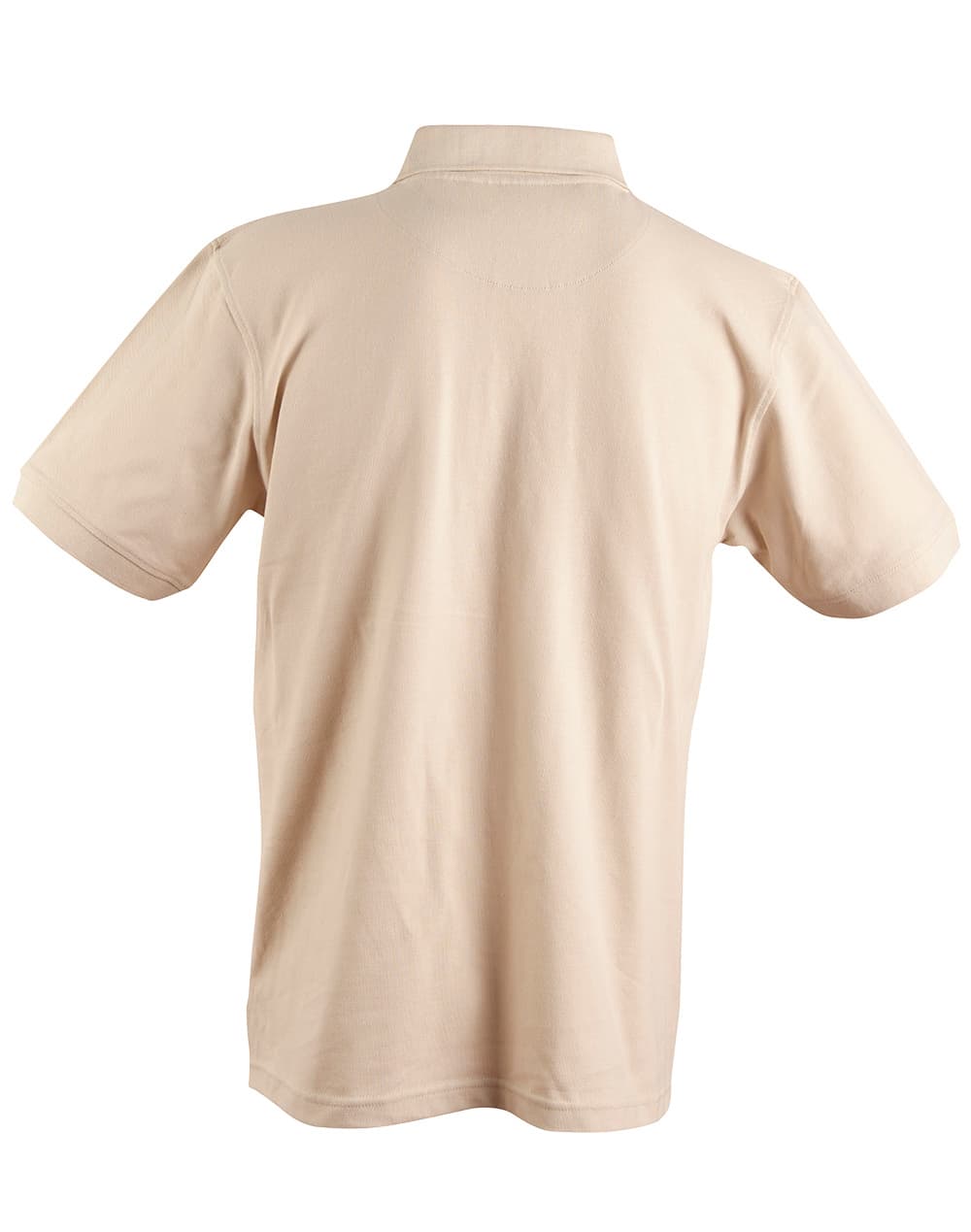 A beige men's polo shirt with a collar and short sleeves, featuring a logo on the back.
