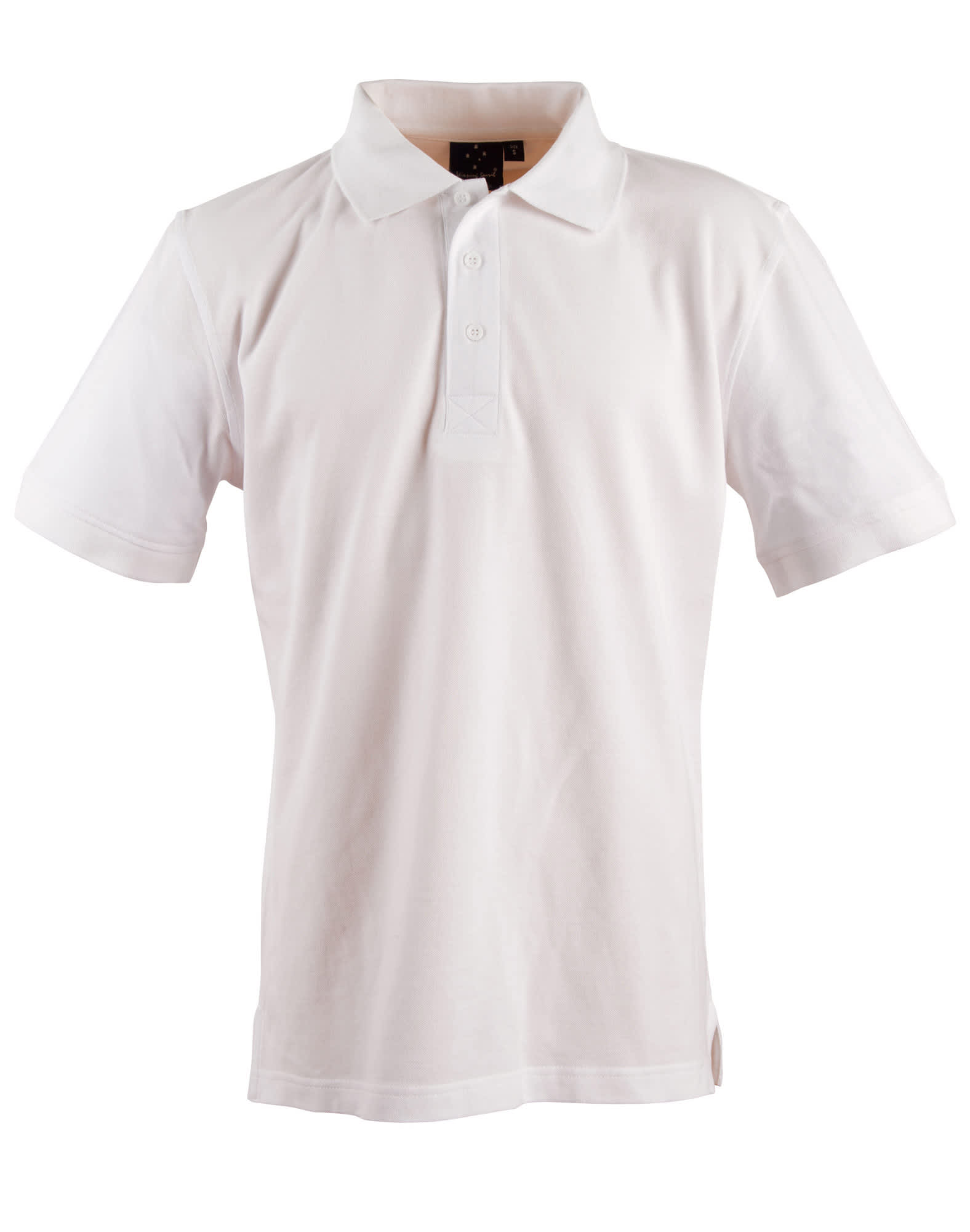 A white short-sleeved polo shirt with a collar and a small logo on the chest.