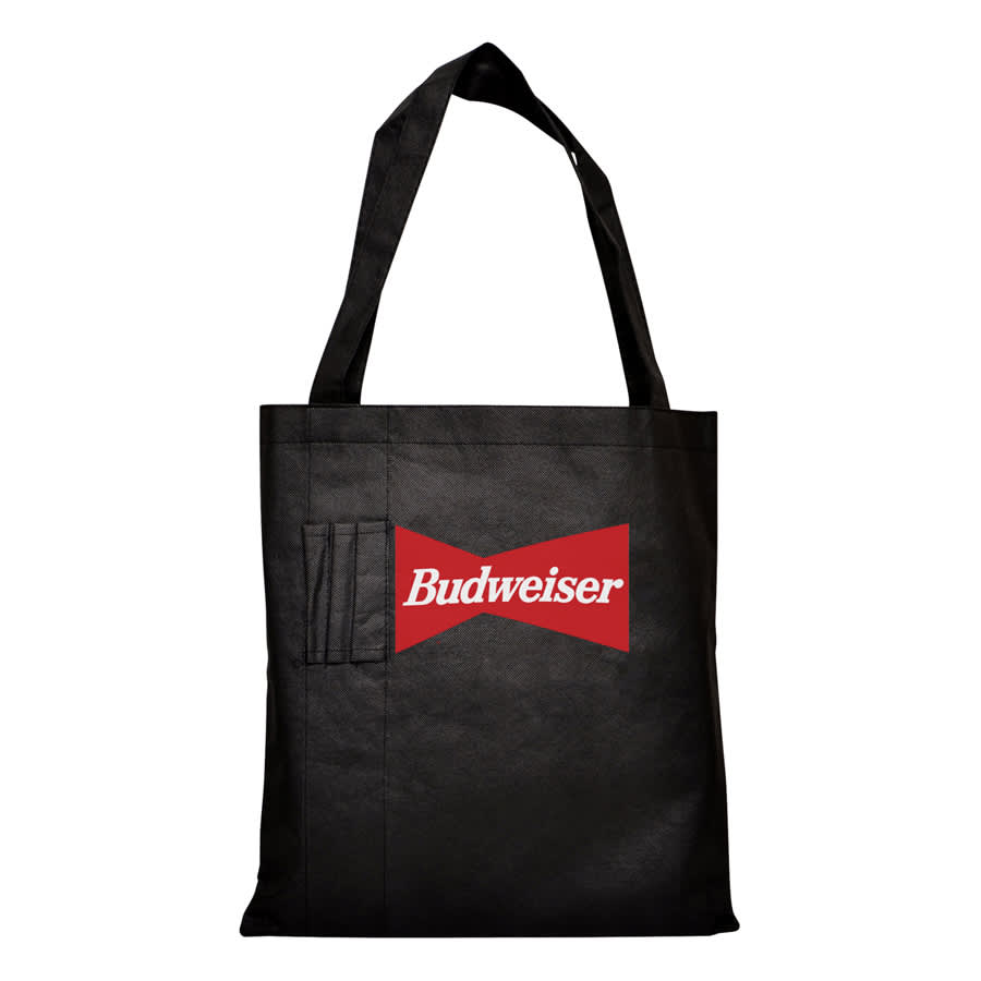 A black tote bag featuring a red stripe, with long black handles and an additional pocket detail.