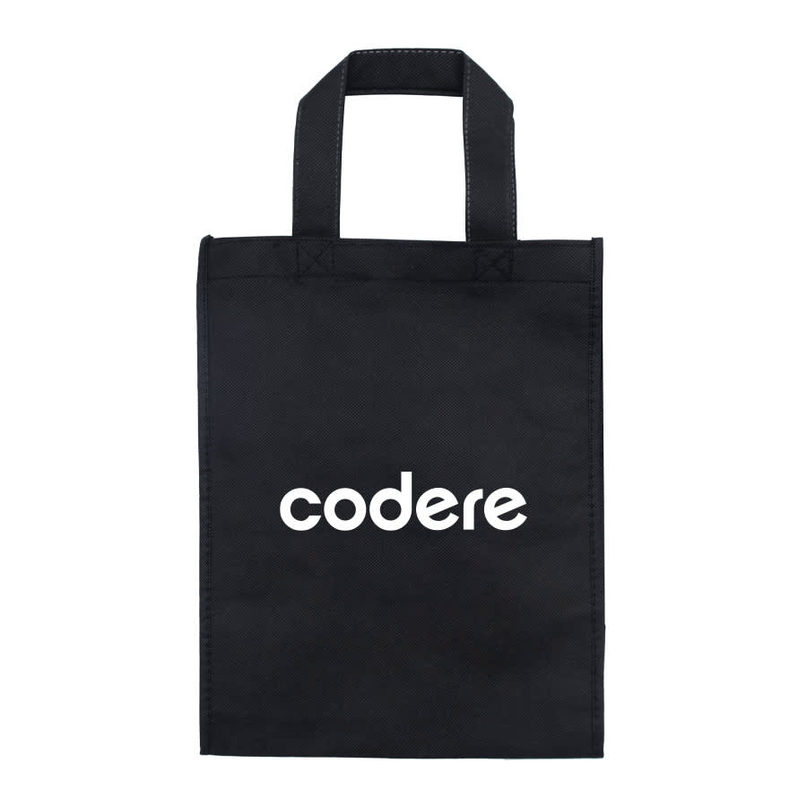 A white promotional bag featuring a black logo of a wolf's head and two handles for carrying.