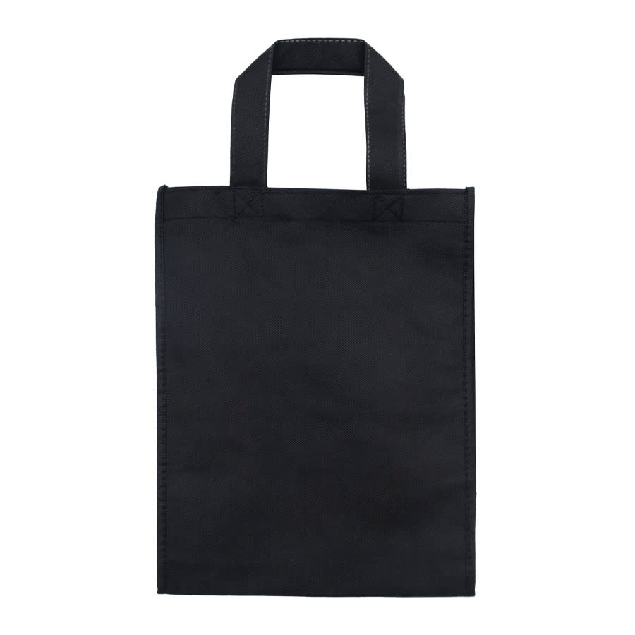 A white reusable bag with two handles and a transparent front panel, featuring a logo or branding.