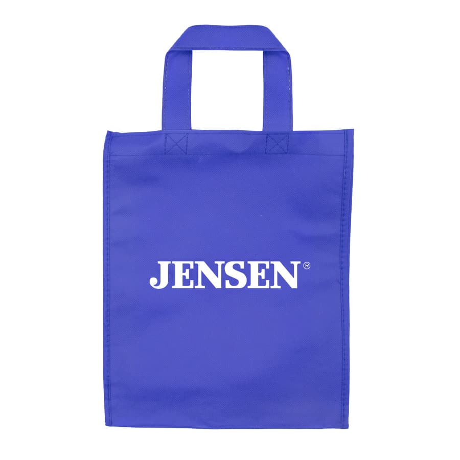 A black tradeshow bag with two handles and a white logo on the front.