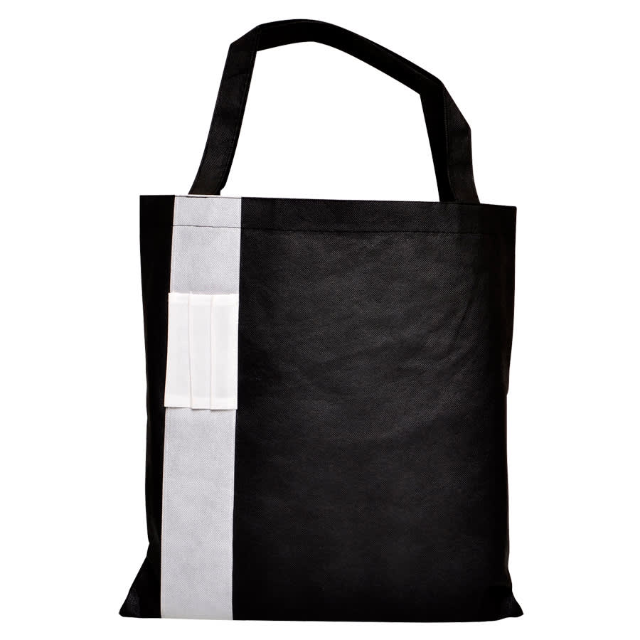 A black tote bag with a blue stripe and a logo. It features two sturdy handles for carrying.