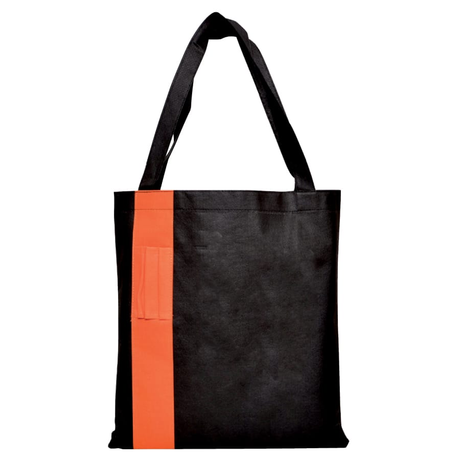 A black and grey tradeshow bag with a loop for easy carrying and a logo featured on one side.