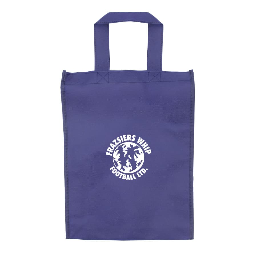 An orange tradeshow bag with handles, featuring a logo and flower design in white.