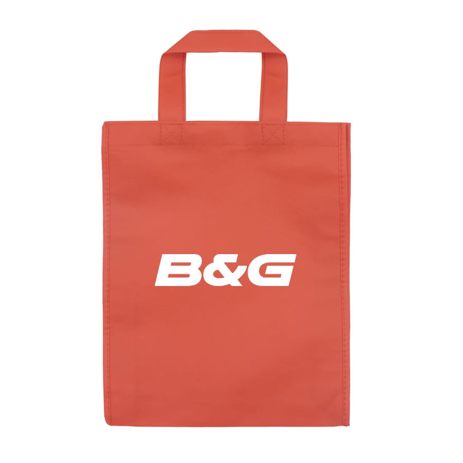A purple tradeshow bag with two handles and a logo on the front.