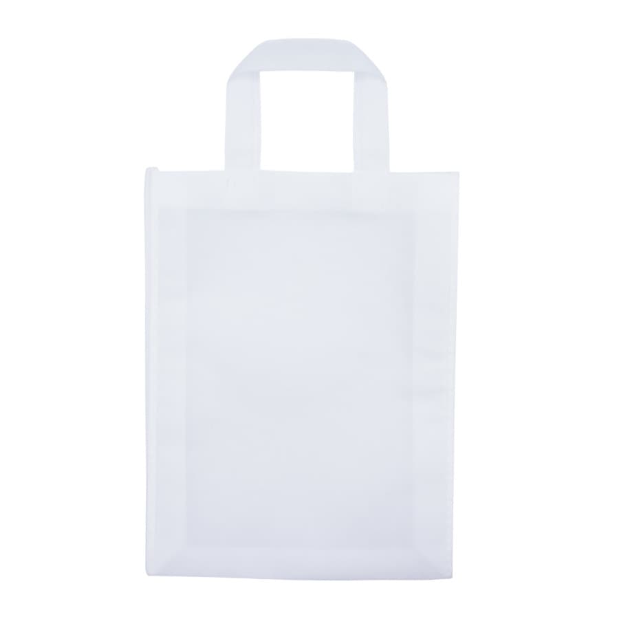 A red tradeshow bag with two handles and a logo on the front.