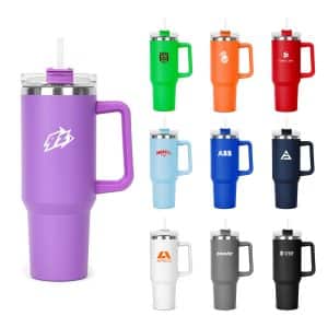 A drink bottle collection featuring various coloured 1.2L mugs, each with a straw and a handle, and some with logos.