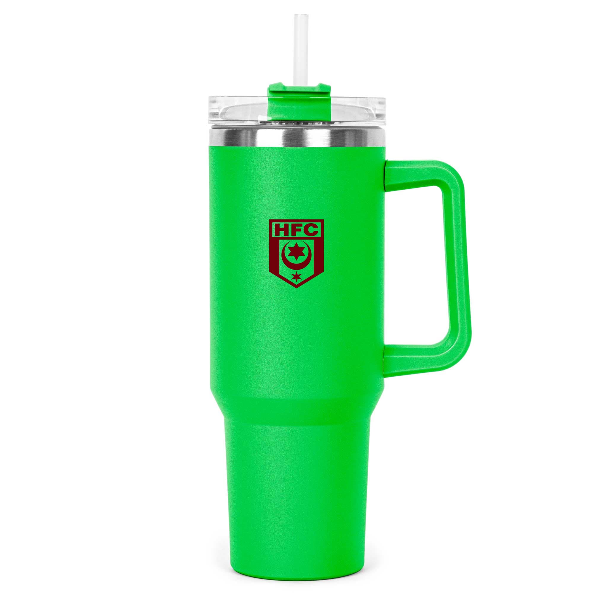 A drink bottle in vibrant green with a clear lid, straw, and a handle. It features a logo on the front.