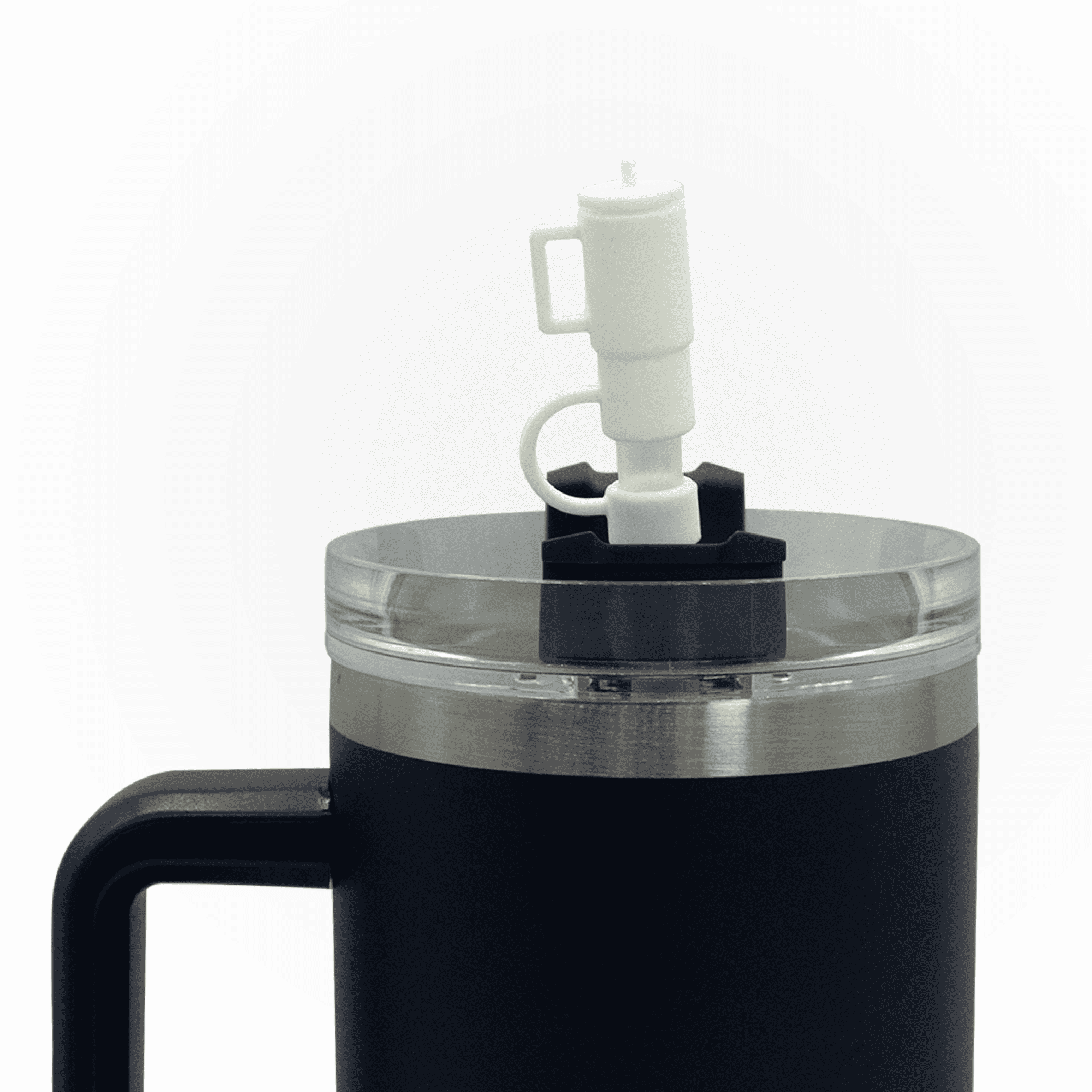 A drink bottle featuring a black exterior, clear lid, and a white nozzle, along with a handle and logo.