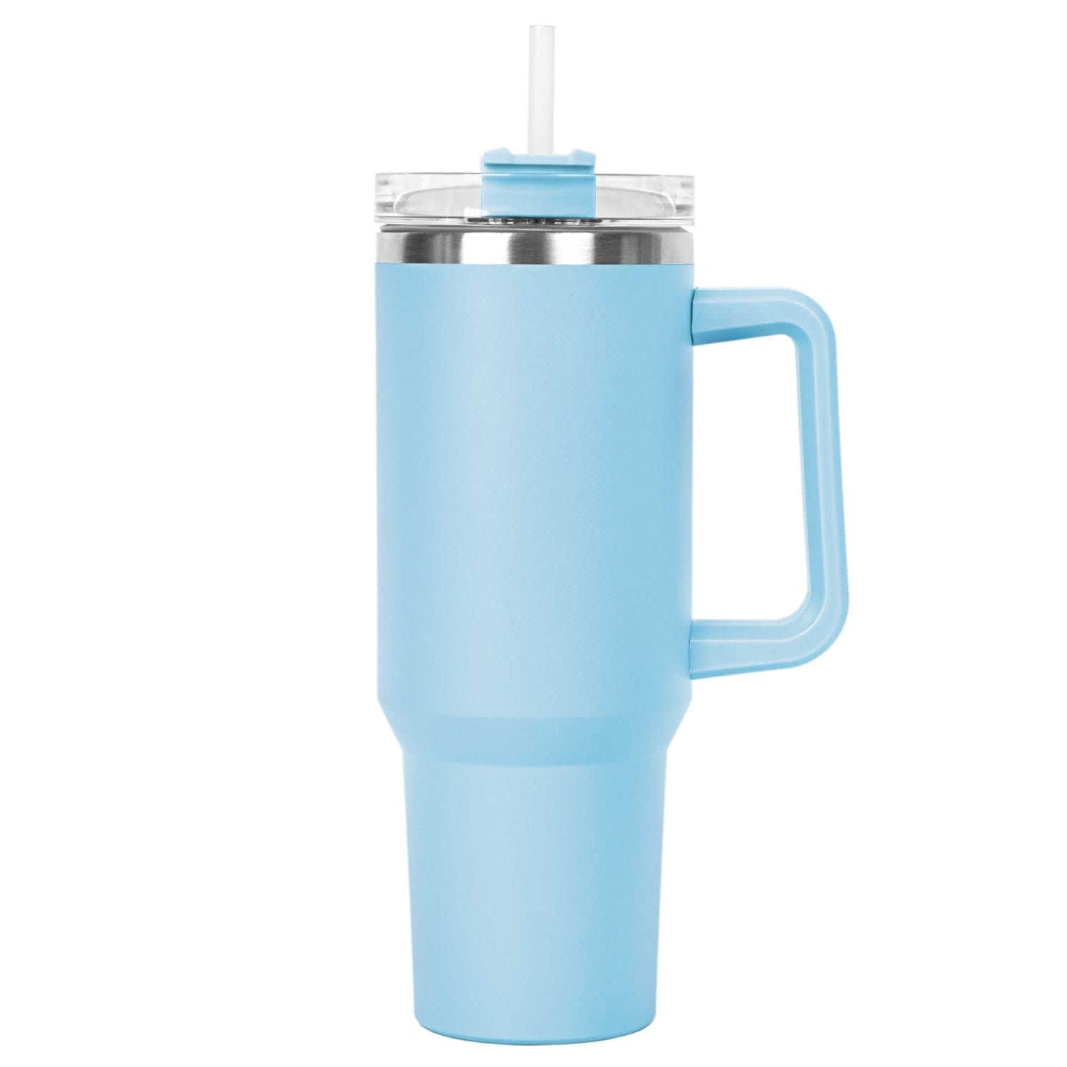 A drink bottle in light blue with a stainless steel rim and a clear lid featuring a straw.