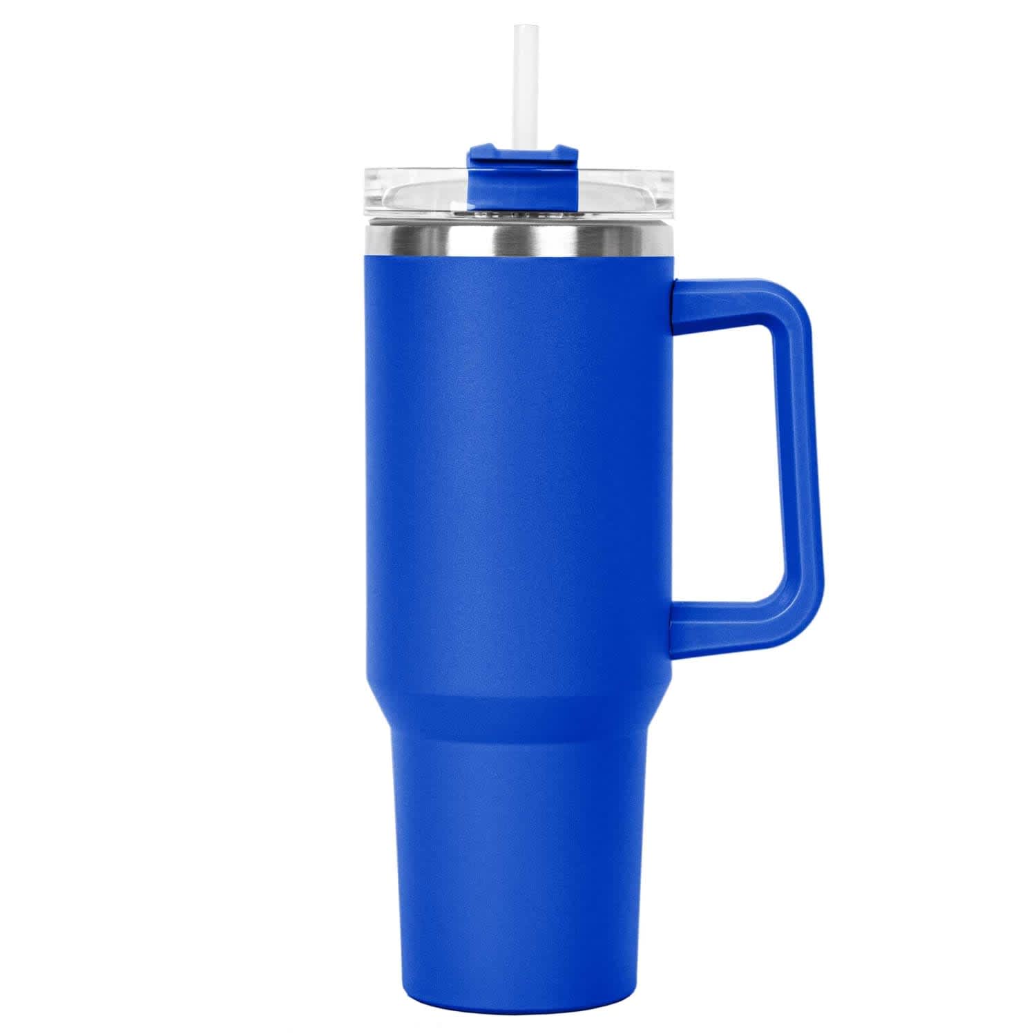 A drink bottle in vibrant blue, featuring a handle, straw, and a clear lid, with a metallic accent.
