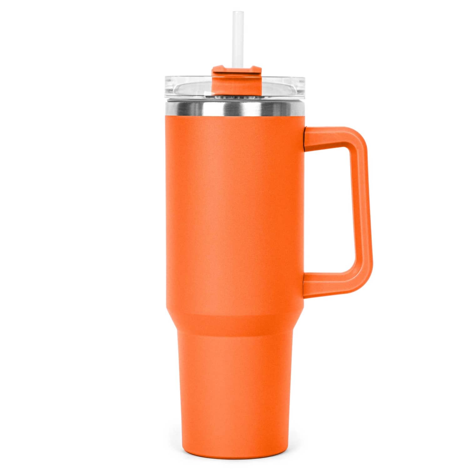 A drink bottle in bright orange with a clear lid and straw, featuring a sturdy handle and a sleek design.