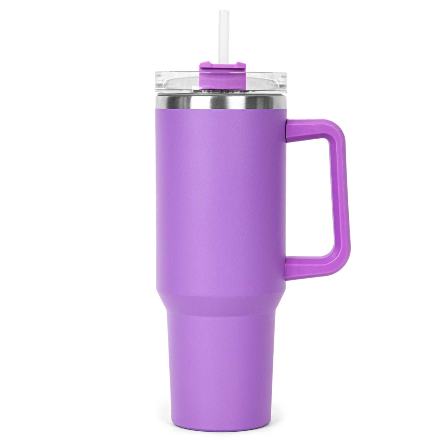 A drink bottle in a vibrant purple colour, featuring a transparent lid and a straw. Includes a handle for easy carrying.