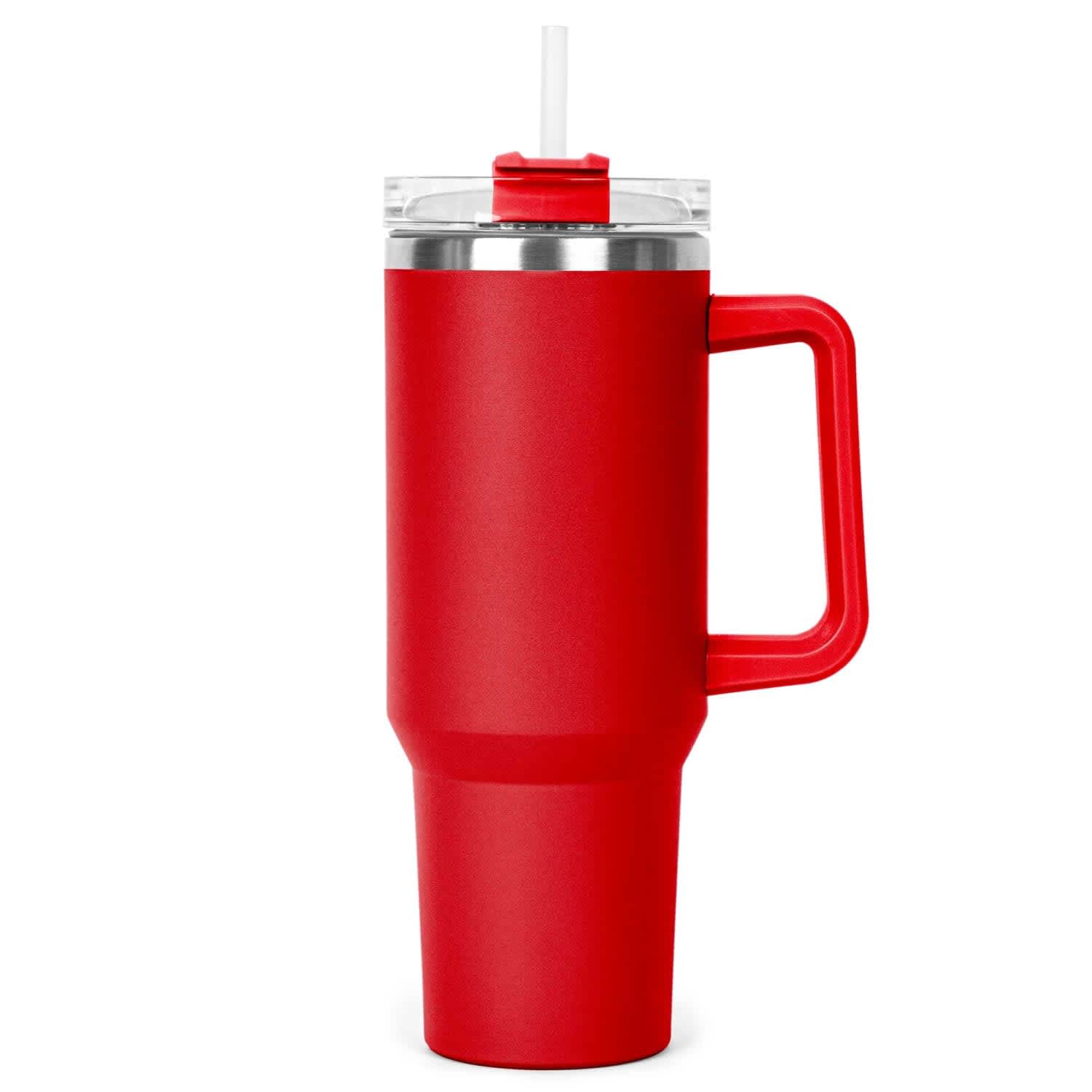 A drink bottle in vibrant red with a clear lid and straw, featuring a sturdy handle and a sleek design.