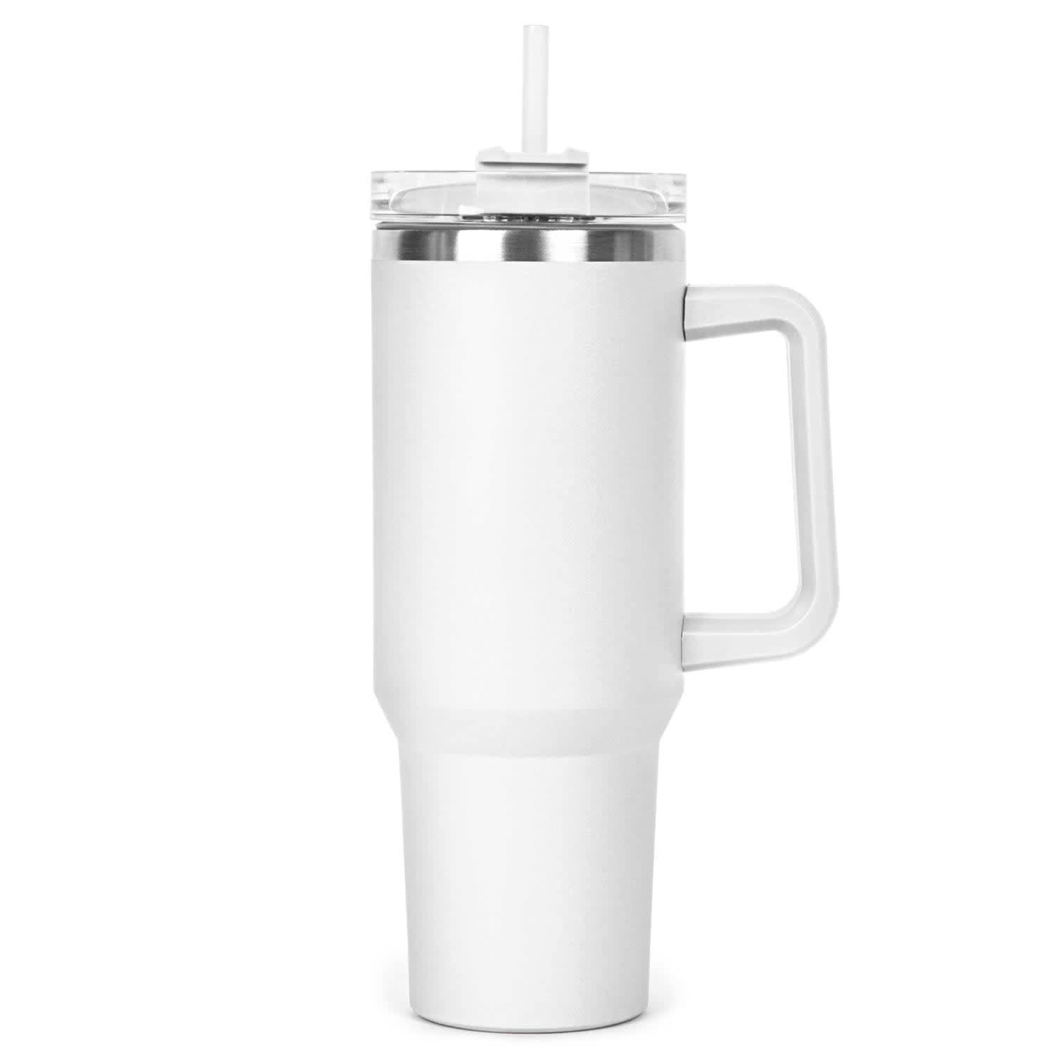 A drink bottle in white with a clear lid and straw, featuring a sturdy handle and a sleek design.