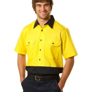 A short-sleeved, two-tone cotton work shirt in bright yellow and navy, featuring a logo and two chest pockets.