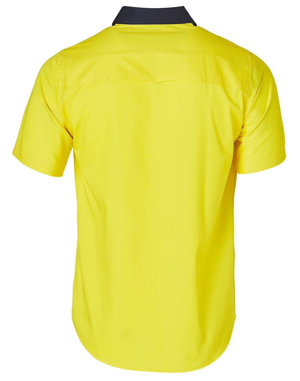 A Hi-Vis two tone short-sleeve work shirt, featuring yellow fabric with a contrasting dark collar, and a logo.
