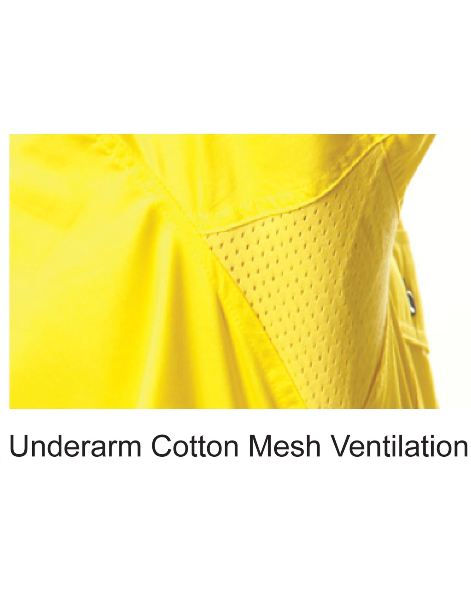 A close-up of a bright yellow shirt featuring underarm mesh ventilation. The fabric appears lightweight and breathable.