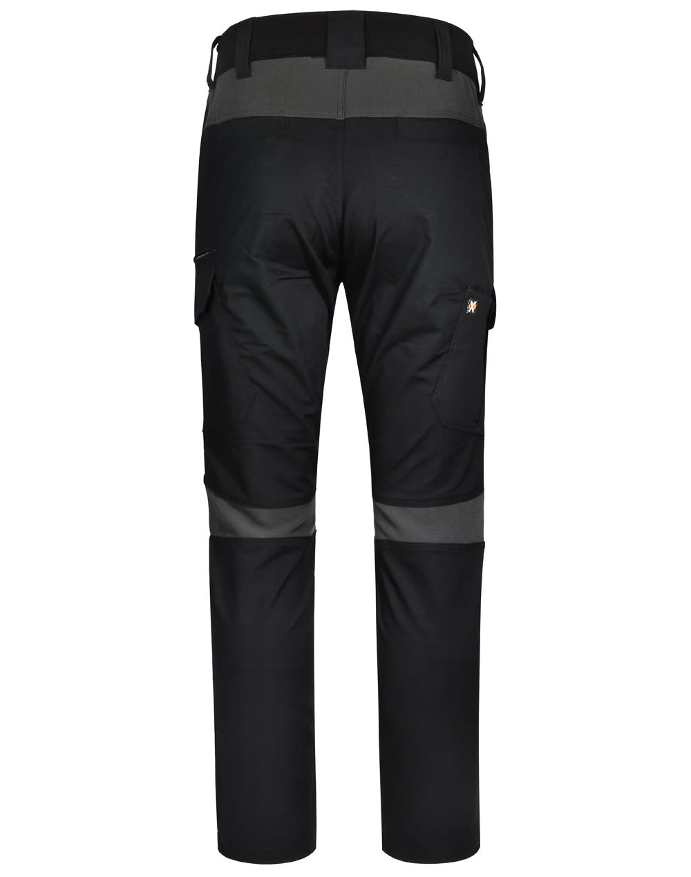 Black work pants with grey accents, featuring cargo pockets and a logo. Ideal for durability and comfort in workwear.