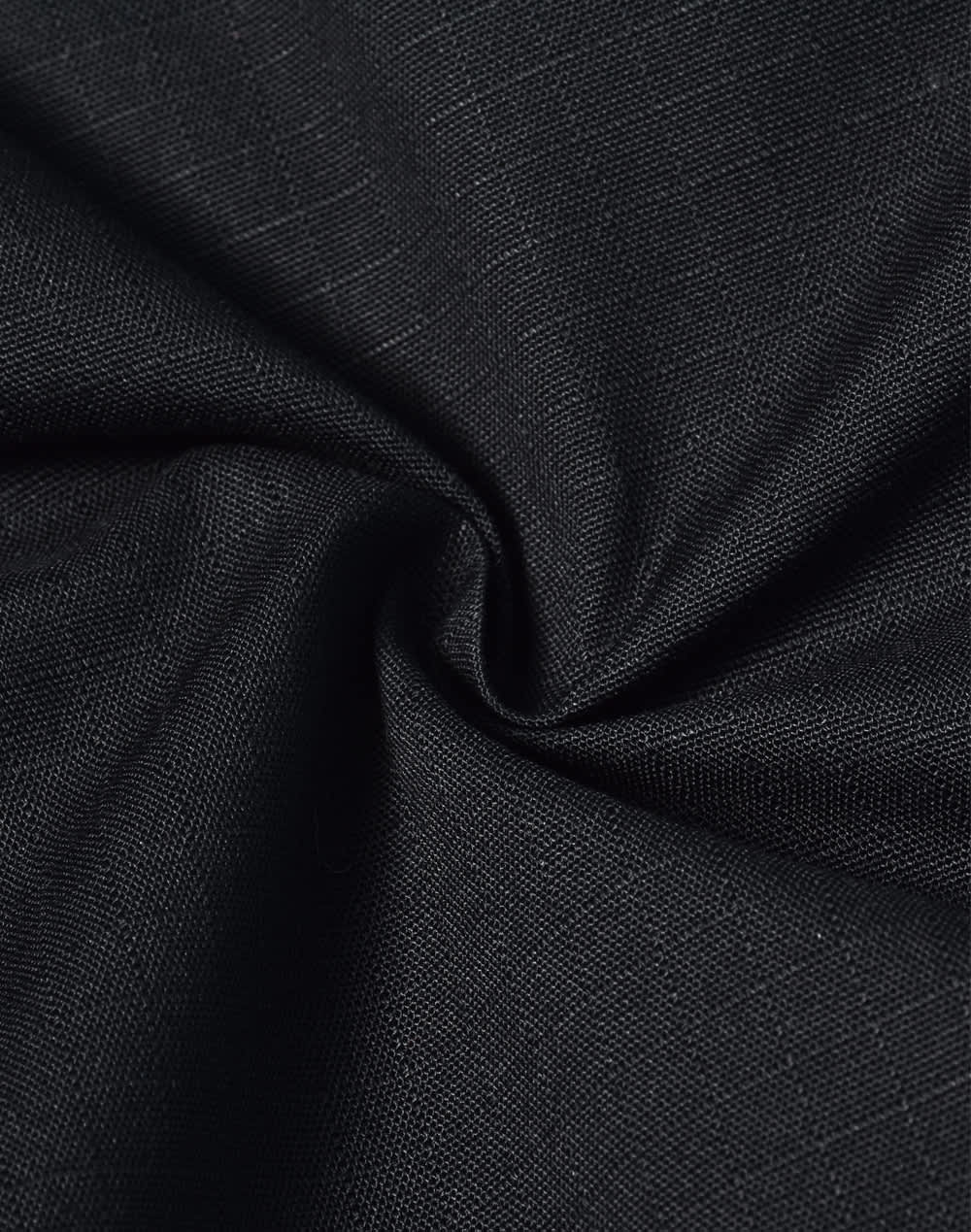 A close-up of black rip-stop poly/cotton fabric, showcasing its textured weave and durable quality.