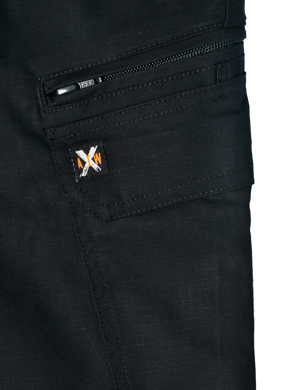 Black rip-stop poly/cotton stretch work pants featuring a zip pocket and a logo on the fabric.