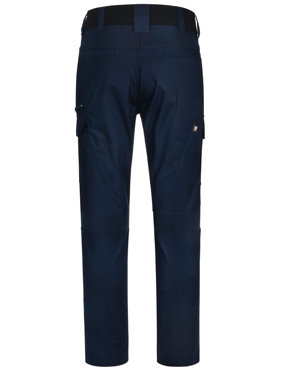 Navy stretch work pants with a fitted design, featuring multiple pockets and a logo on the back.