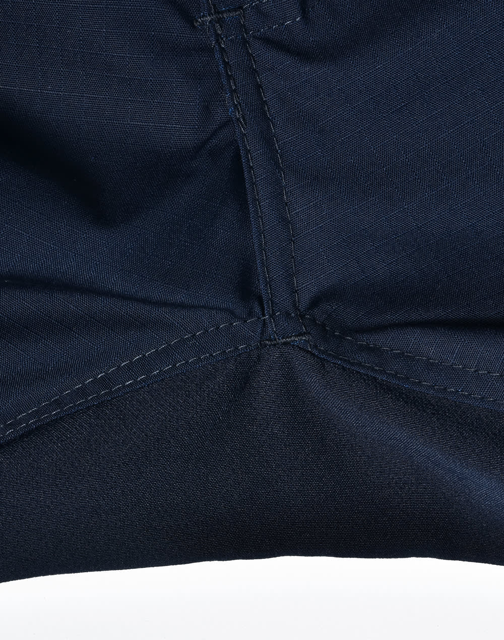 Close-up of navy rip-stop poly/cotton stretch work pants, highlighting the stitching detail and fabric texture.