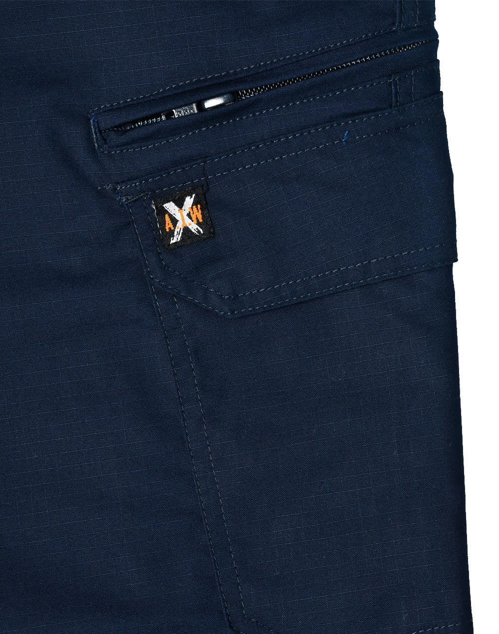 A pair of navy blue work pants featuring a zip pocket and a branded logo. Made from rip-stop poly/cotton stretch material.
