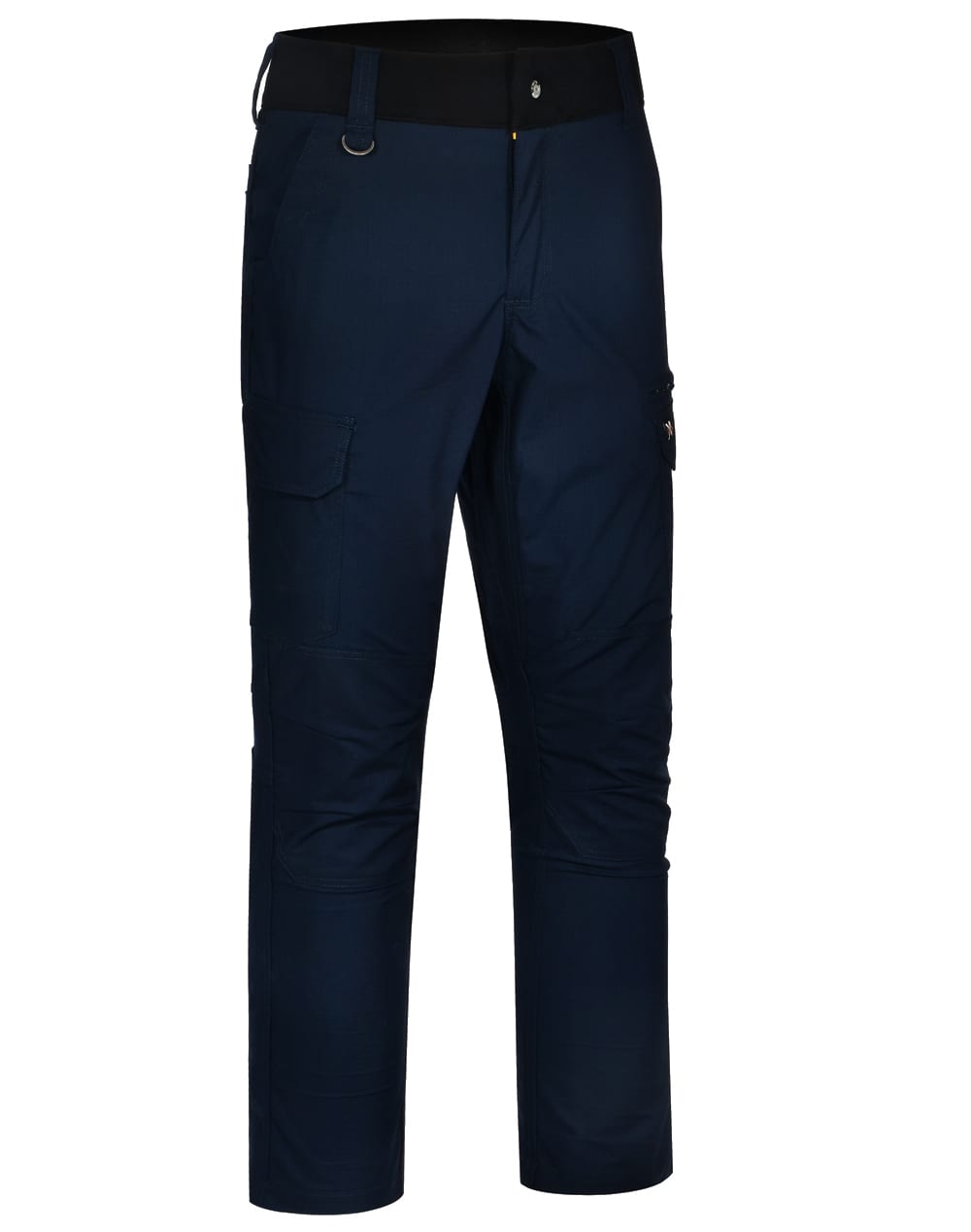 Navy work pants made of rip-stop poly/cotton blend, featuring pockets and a secure waistband.