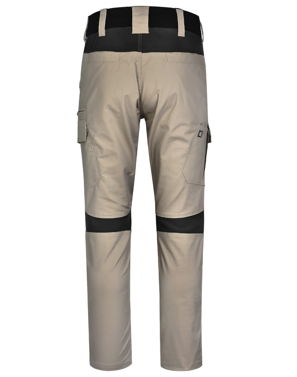 Work pants in tan and black with multiple pockets and a logo, featuring a modern fit design.