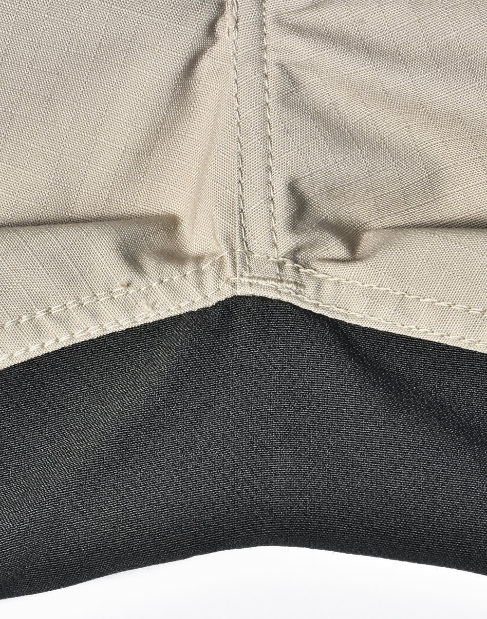 A close-up of Rip-Stop poly/cotton stretch work pants, featuring a beige upper section and a black lower section with stitching.