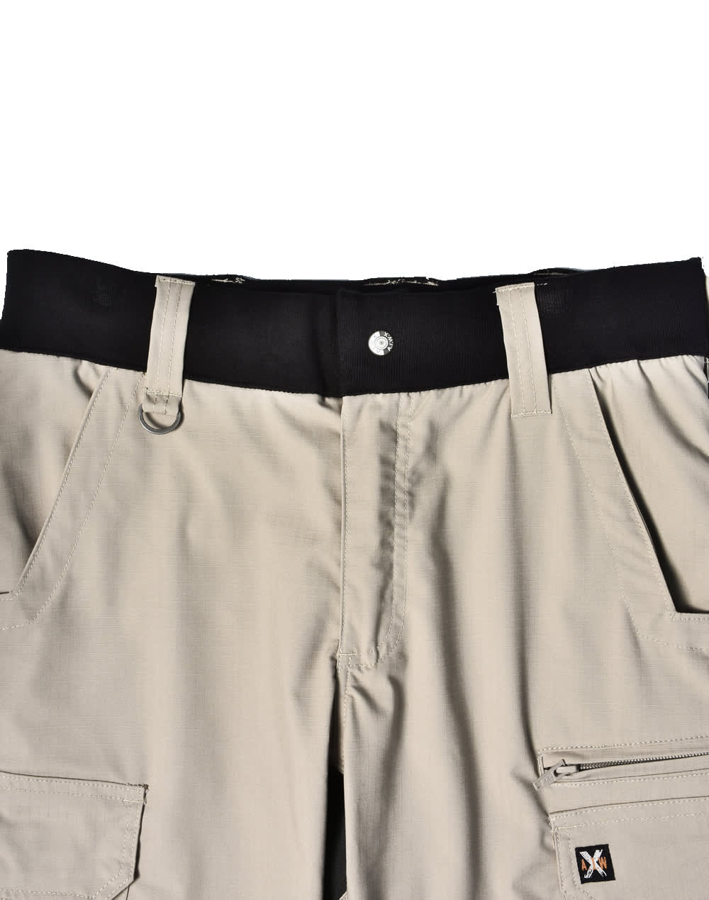 Rip-stop poly/cotton stretch work pants in beige with a black waistband and multiple pockets, featuring a logo.