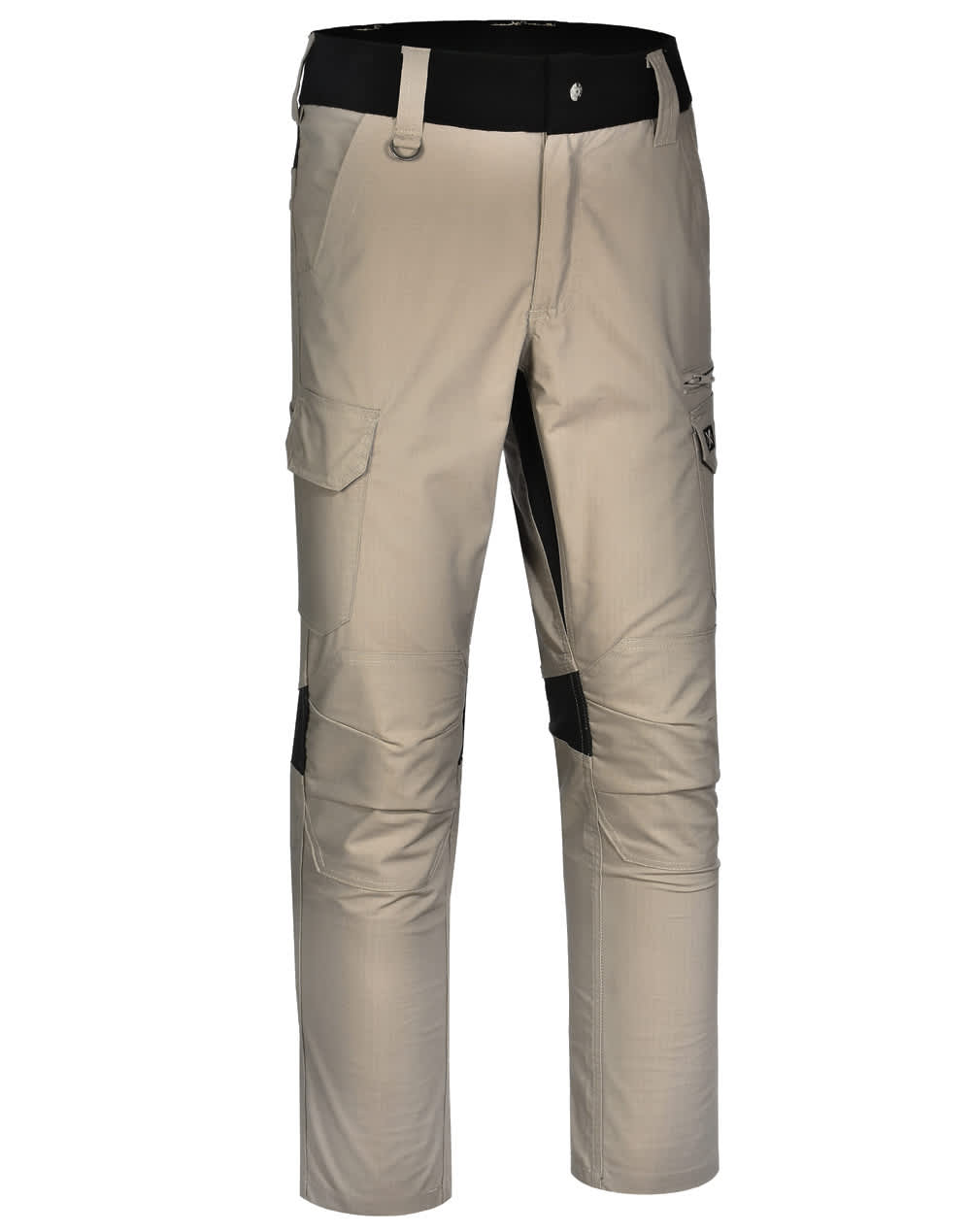 A pair of beige work pants featuring pockets and black accents, with a branding logo. Designed for durability and comfort.