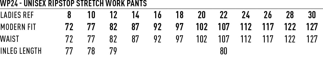 A chart displaying sizes and measurements for unisex Rip-Stop Poly/Cotton Stretch Work Pants, organised by waist and inleg length.