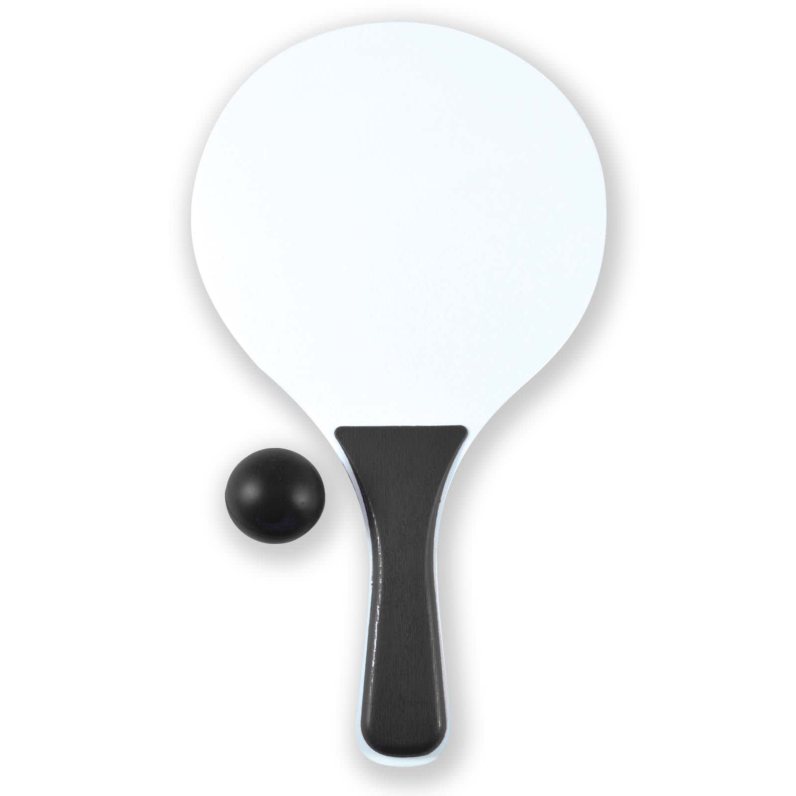 A paddle and a black ball from the Action Paddle / Bat & Ball Set.