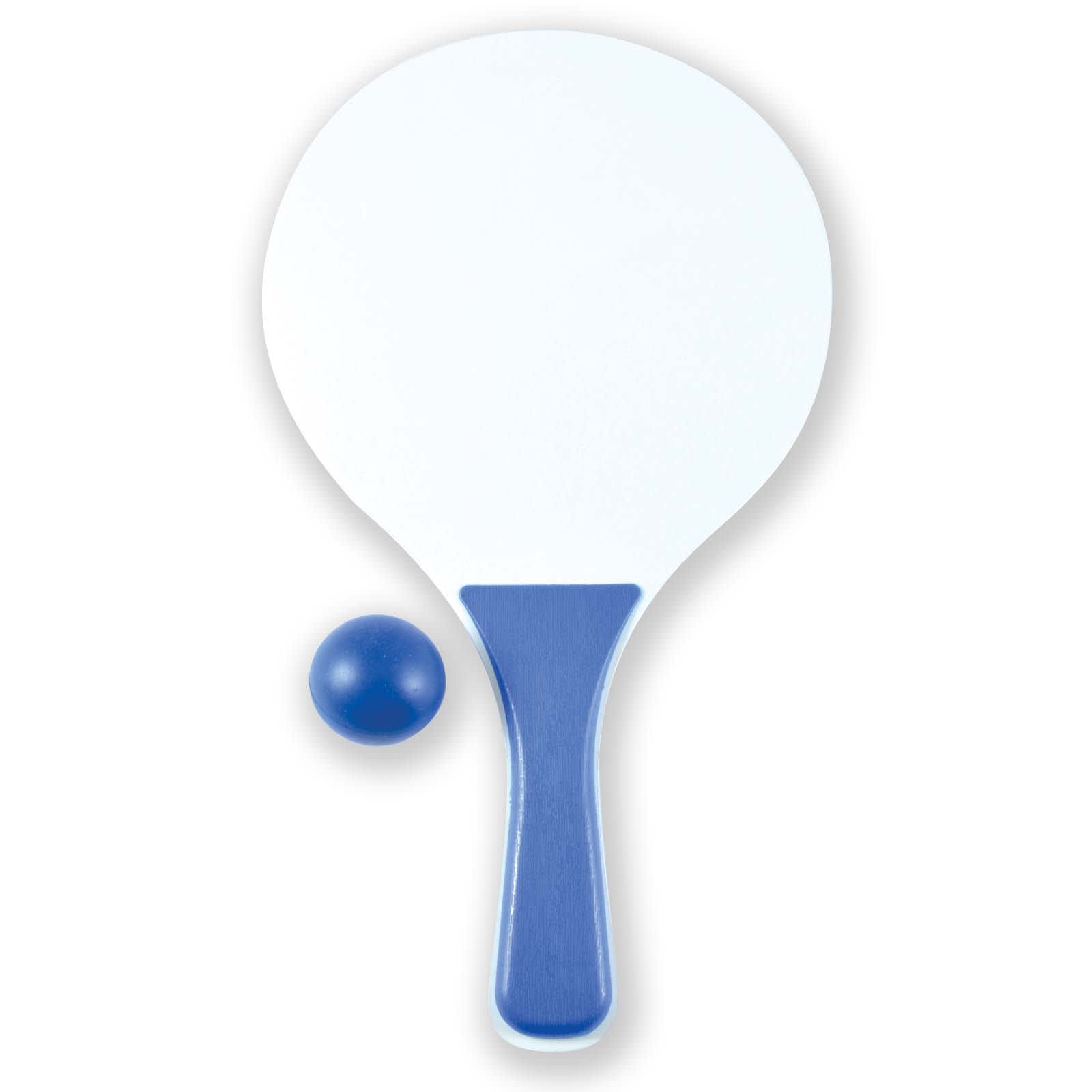 An Action Paddle and Ball Set featuring a large white paddle with a blue handle and a blue ball.