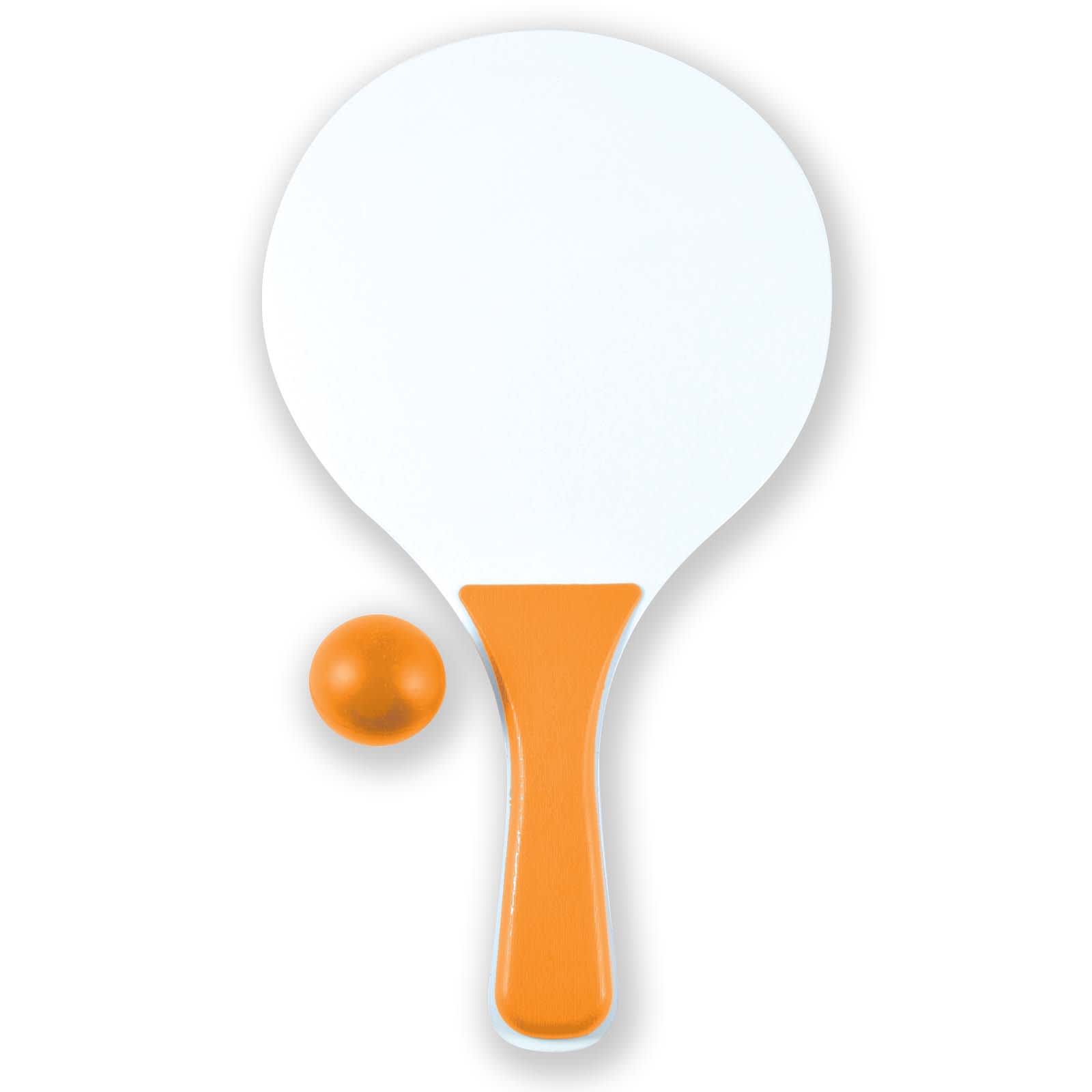 A paddle with an orange handle and a white surface, paired with a small orange ball.