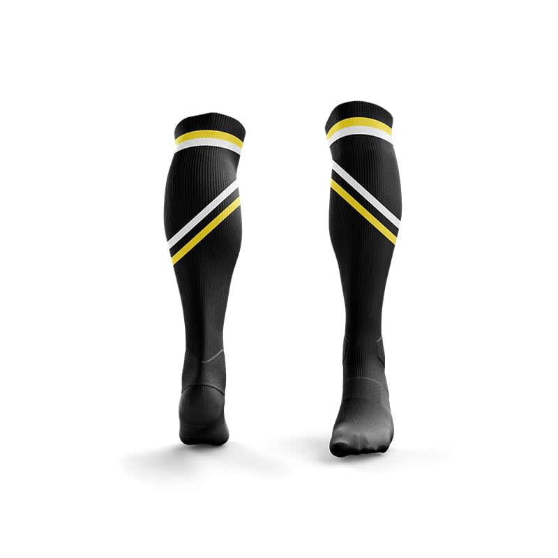 Black soccer socks featuring yellow and white stripes, complete with a logo. Designed for sports uniforms.