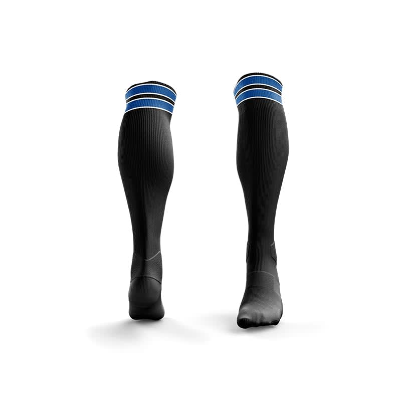 A pair of black sports socks featuring blue stripes at the top and a fitted design. Includes branding on the side.